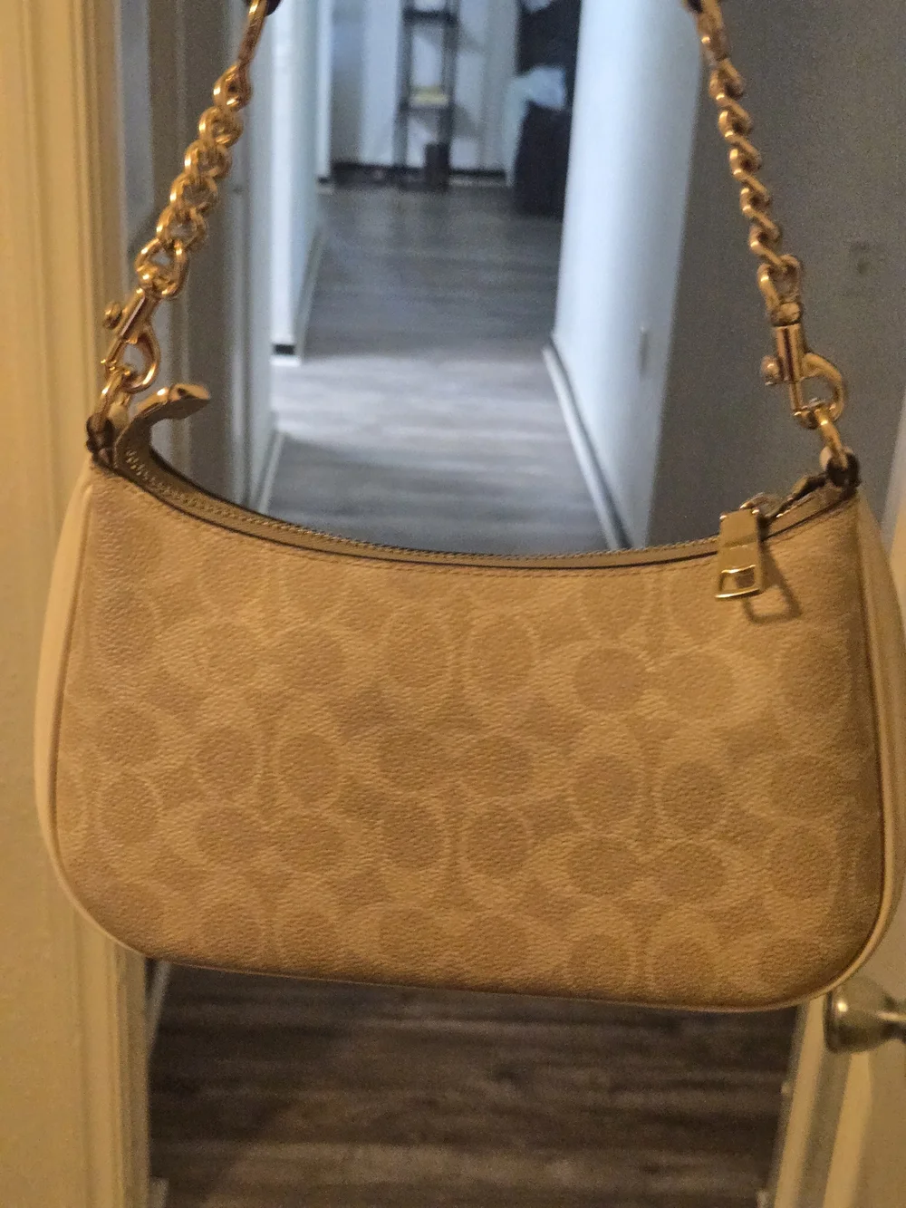 Coach Beige Signature Canvas Mini Shoulder Bag with Gold Chain